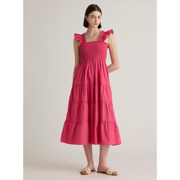 NWT Quince 100% Organic Cotton Smocked Midi Lipstick Pink Dress Size X-small XS - Picture 1 of 11